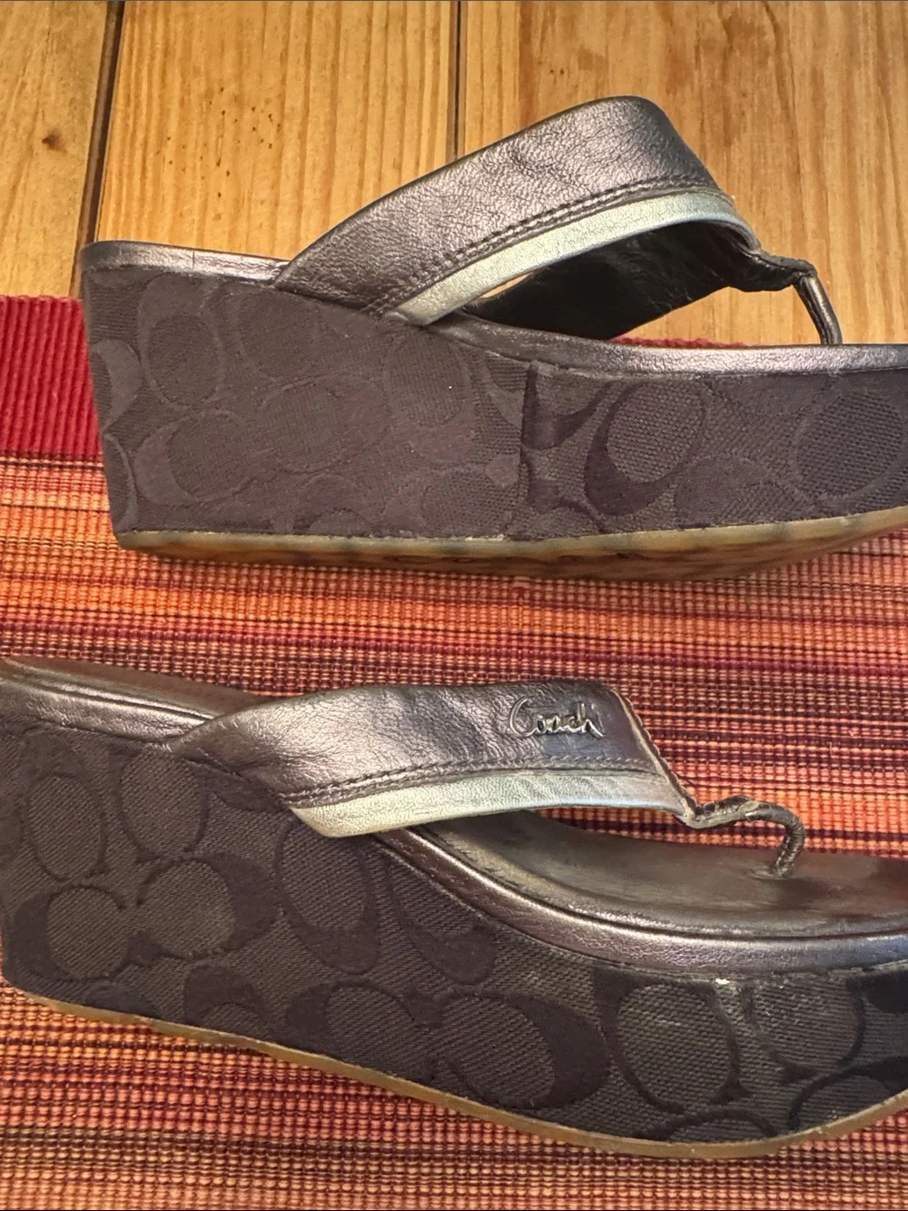 Coach Black and Silver Wedge Flip Sandals